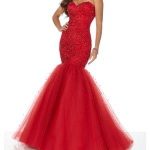 Mori Lee Red Strapless Corset Back Sweetheart Beaded Gown Size 6 style 42052